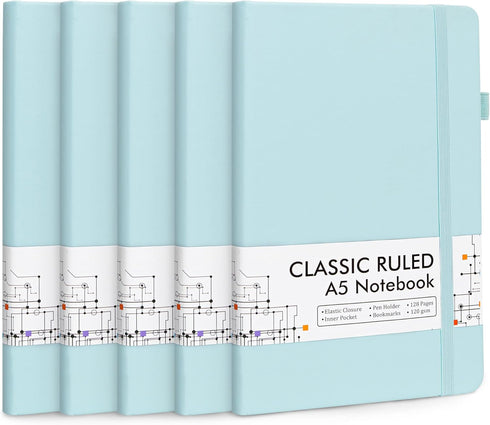 feela 5 Pack Notebooks Journals, A5, 5.1”x8.3”, Sky Blue, Classic Ruled Lined Journals with Pen Holder for Women Girls,