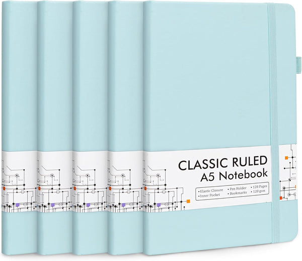feela 5 Pack Notebooks Journals, A5, 5.1”x8.3”, Sky Blue, Classic Ruled Lined Journals with Pen Holder for Women Girls,