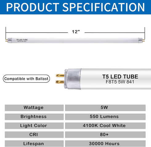 Wesome Lighting 8 Pack 12 Inch F8T5/CW Bulbs, 4100K T5 5 Bulb Counter LED Replacement Cool White, LED Watts Replace