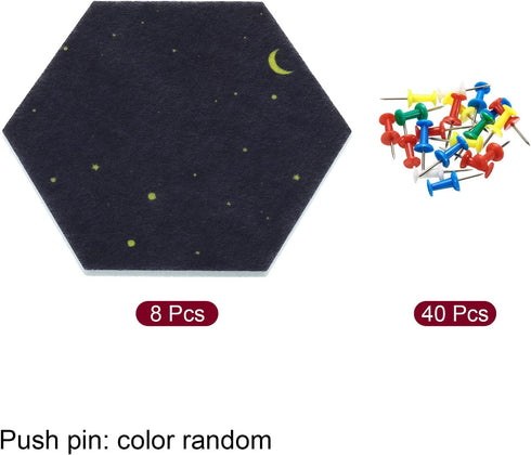 PATIKIL Hexagon Felt Board Tiles, 8 Pack, Self Adhesive Mini Moon Wall Pin Bulletin Board with Push Pins for Home Decor