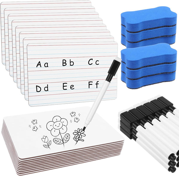 Dry Erase Lapboards with Lines, Pack of 18, 6 x 9 inch Double Sided White Boards with 18 Pens, 18 Erasers