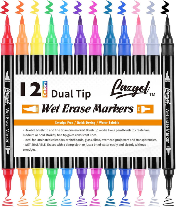 LAZGOL Wet Erase Markers Dual Tip, 12 Assorted Colors, Dual Tip Brush &