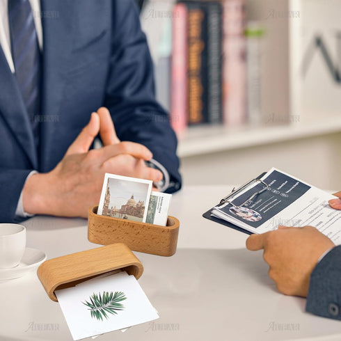 AUEAR 2 Pack Wood Business Card Holder for Desk, Beech Wooden Organizer Display Stand for Office Home Desktop