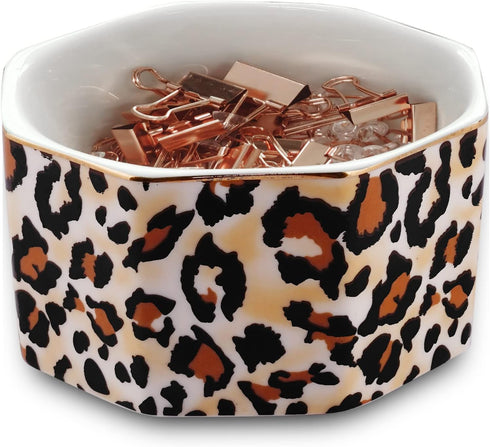 Ceramic Paper Clip Holder - Gold Line Paper Clip Dispenser Organizer for Desk, Cute Leopard Office Binder Clip Holder