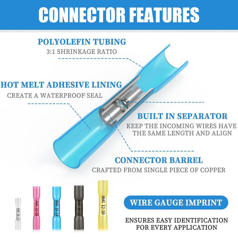 525PCS Heat Shrink Butt Connectors - Blue 16-14 AWG, Marine Grade Tinned Copper Crimp Splice Terminals