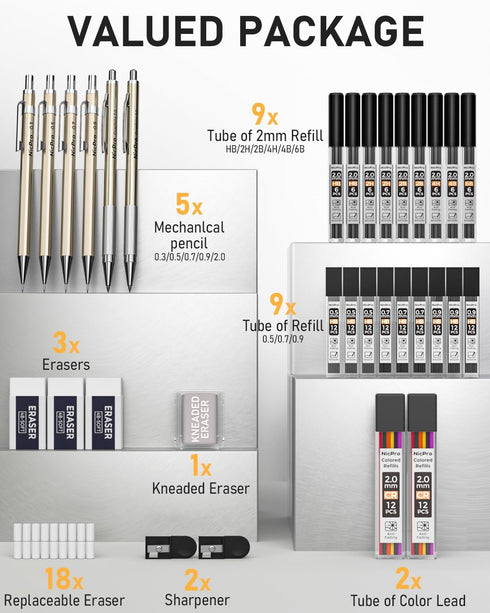 Nicpro 34PCS Art Mechanical Pencils Set, Metal Drafting Pencil with 19 Tube Lead Refills Case