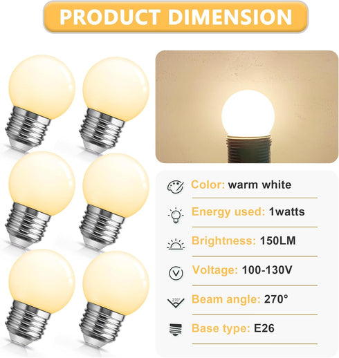 Small G14 LED Globe Light Bulb, 1W G45, 15W Equivalent, Warm White 3000K E26 Base, 6 Pack for Party Decor