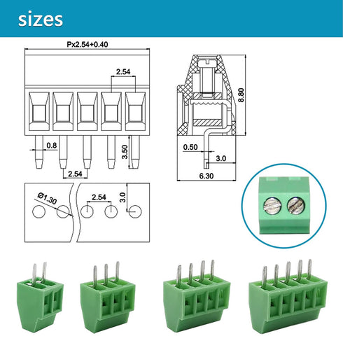 52PCS 2.54mm 0.1" Pitch PCB Mount Screw Terminal Block Connector, Minidodoca 2P 3P 4P 5P Terminals with Special