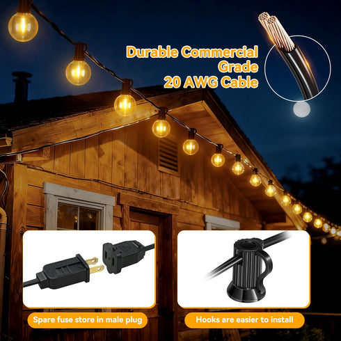 50FT 25+2 G40 Bulbs 2700K Ollny Outdoor String Lights, Waterproof Connectable Shatterproof Patio Lights with Edison