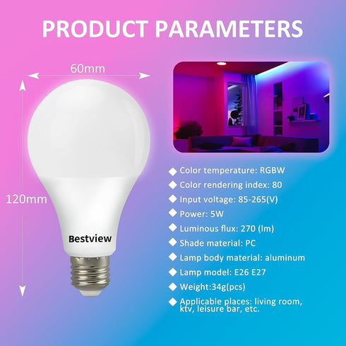 Bestview RGB LED Light Bulb, Color Changing with Remote Control, 5W E27 Screw Base, 4 Pack