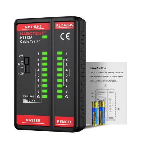 HT812A Ethernet Cable Tester with RJ45 RJ11 Port, Fast/Slow Gear, 60V Continuity Test for CAT5/CAT6