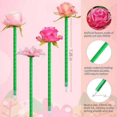 Leery 15 Pieces Mixed Floral Gel Ink Rose Pens, Ballpoint Pens for Valentine's Day, Birthday Party, Office Supplies