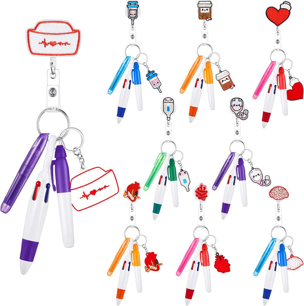 Henoyso 54 Pcs Mini Highlighter Nurse Pens Bulk with Keychain, Retractable Badge Reel, Marker Pen for Nurses Gift