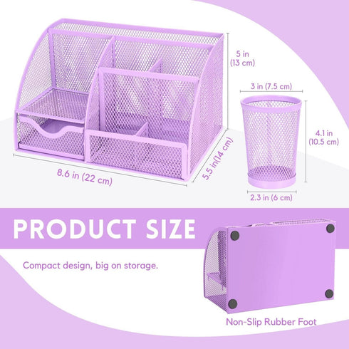 Flexzion Desk Top Caddy Organizer, Purple Office Desk Accessories with 6 Compartments, Drawer