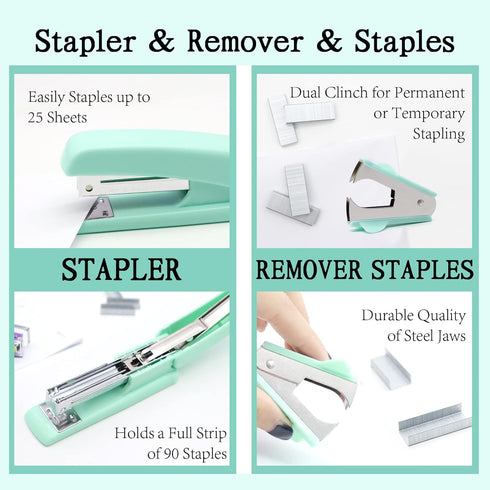UPIHO Teal Desk Accessories Set, Green Office Supplies with Stapler, Tape Dispenser, Remover, Clips, Scissors