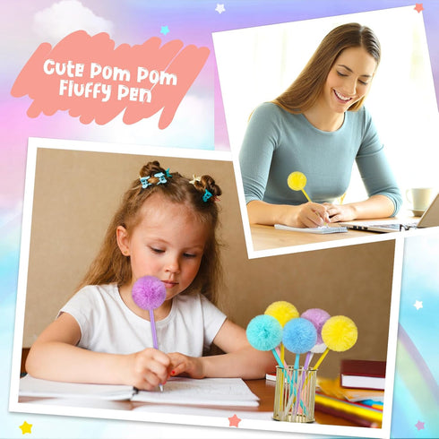 Epakh 84 Pcs Pompom Ballpoint Pen Set - Cute Kawaii Fluffy Ball Pens with Black Gel Ink in Macaron Colors, Gift for