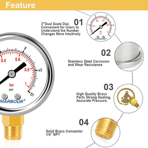 Lead-Free Water Pressure Gauge Liquid Filled 0-15Psi, 2" Dial, Stainless Steel Case, 1/4" NPT Lower Mount