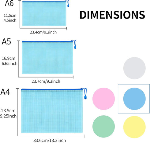 Toplive Plastic Mesh Zipper Pouch, 15 Packs (A4/A5/A6 Size, 5 Colors), Waterproof Document Bag for School Office