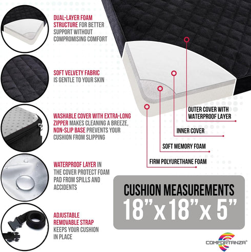 COMFORTANZA 18x18x5 Booster Cushion for Adults - Medium-Firm Seat Cushion for Home, Office, Wheelchair, Car - Washable