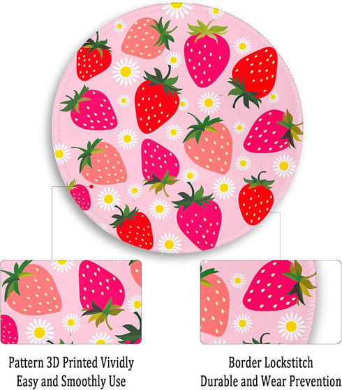 Gctriki Strawberry Mouse Pads, Cute Small Round Mousepad with Stitched Edge, Non-Slip Rubber Base