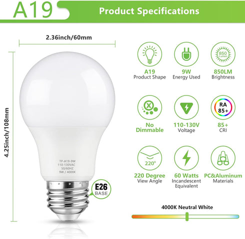 A19 LED Light Bulbs, 60 Watt Equivalent LED Bulb, Neutral White 4000K, 850LM, E26 Base, Non-Dimmable, 9W Bright White Bulbs, 12-Pack by Maylaywood