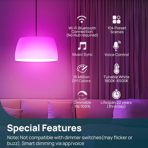 Bulbs, A19 Bulb 1100LM(75W E26 Bulbs 2.4GHz 11W, 4Pack Linkind Smart Light Smart - Equivalent), Compatible with Alexa