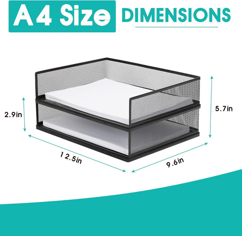 Wire Mesh Paper Tray Desk File Organizer, 2 Pack Stackable Metal Front-Load Document Trays for Office Supplies