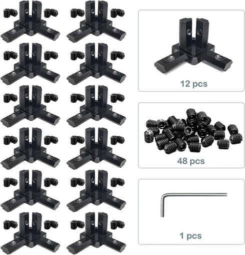 12Pcs Black 2020 Series 3-Way End Corner Bracket Connector with Screws + 1 Wrench for Slot 6mm 20S Aluminum Rail