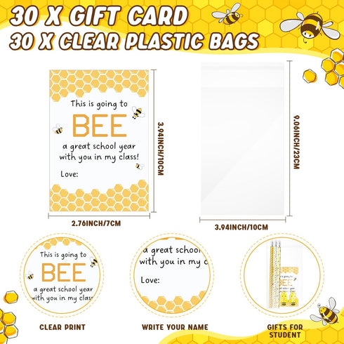 Back to School Gifts for Students, 60 Cute Bee Pencils, 3D Bee Erasers, 30 Welcome Greeting Cards