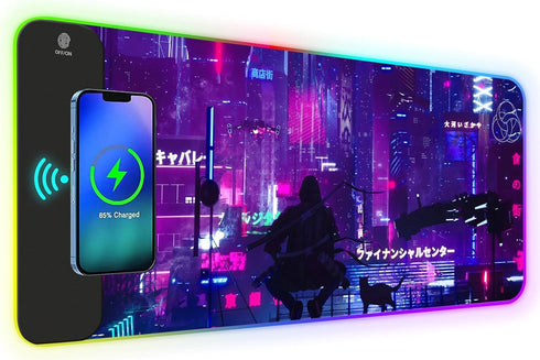 RGB Mouse Pad with 15W Wireless Charging, Purple Anime Neon Extended Large LED Gaming Pad, 10 Light Modes for Home