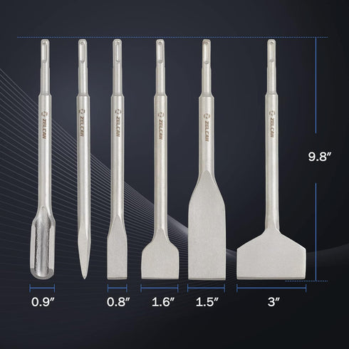 ZELCAN 6pc Chisel Set with SDS Plus Shanks, Masonry Concrete Drill Bit Set, Tile Grooving Scraping Flat Point Scaling