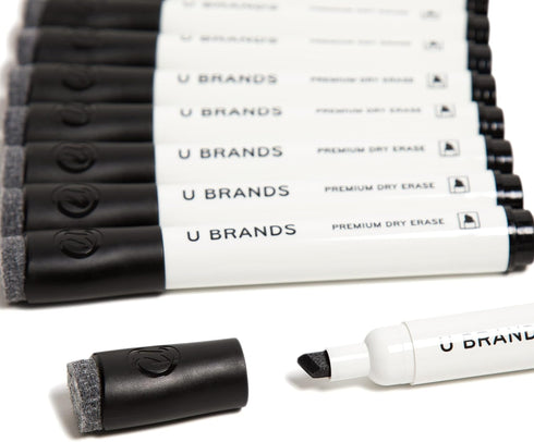 U Brands Set of 12 Fine Tip Dry Erase Markers with Eraser, Low Odor, Black, Chisel Tip Whiteboard Markers
