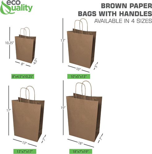 8 4.5 10.25 inches 50pcs EcoQuality - x x - - Small Brown Kraft Paper Bags with Handles, Shopping, Gift Bags, Party