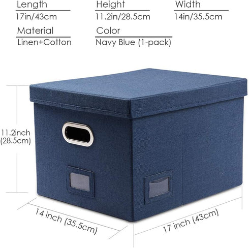 PRANDOM File Organizer Box - Collapsible Decorative Linen Filing Storage with Lids, Set of 1, Letter/Legal Size, Navy