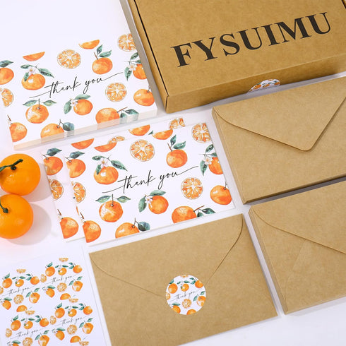 50 4 6 Inch FYSUIMU Pcs Little Cuties Thank You Cards Greeting Cards with Envelopes Stickers Orange Watercolor Blank