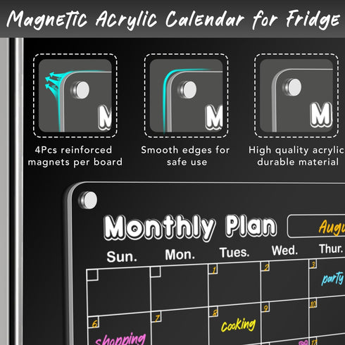 DIYMAG 3Pack Acrylic Magnetic Dry Erase Calendar for Fridge, Weekly Monthly Planner Memo Board with 6 Highlighters