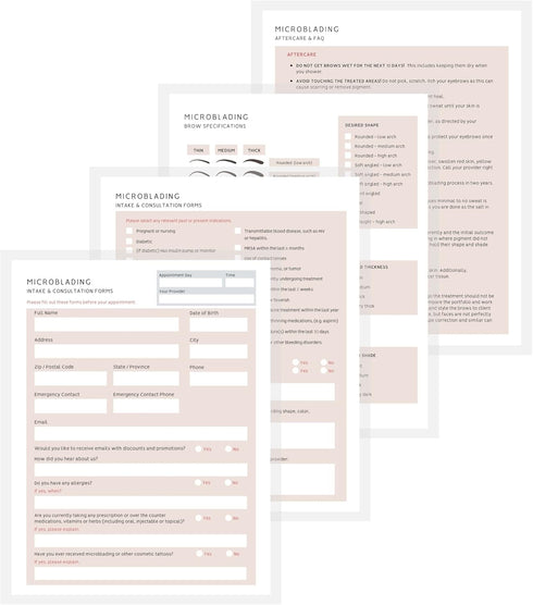 Microblading Client Paper Intake Forms, 100pk, 8.5 x 11” Paper Size, Consent Intake Consultation Aftercare, Brow Shape