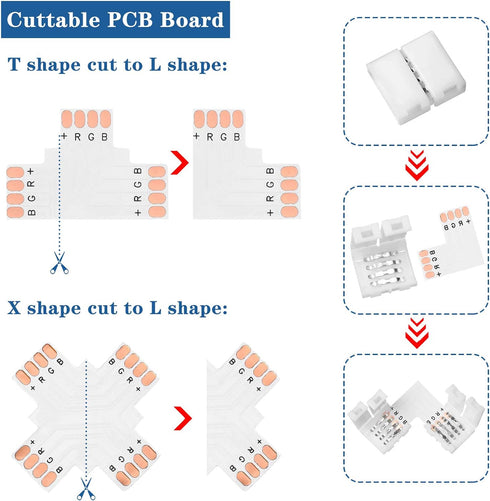 Mudder 95 Pieces 4 Pin LED Light Strip Connectors Set Including Screw Clips, 4 Pin LED Connectors, Cuttable T, L and X Shape PCB Board for SMD 5050 10 mm RGB LED Strip Lights Gapless Connector by Mudder