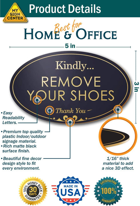 Remove Your Shoes Sign, Black/Gold, Engraved, 3" x 5", Fade Resistant, Indoor/Outdoor Use, USA MADE