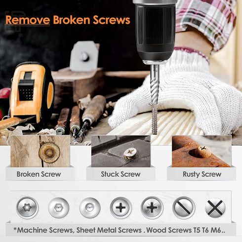 12 Set, Set Pcs Screw Extractor and Left Hand Drill Bits Easy Out Bolt Extractor Spiral Flute Stripped Screw Remover