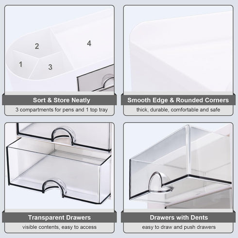 Desk Organizer with Drawer, Small Pencil Holder, 2 Drawers + 4 Compartments for Office Home Storage (White)