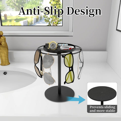 LSK Metal Sunglasses Organizer, Eyeglasses Holder Stand with Storage Tray, Anti-Slip Pads for Desk, Matte Black