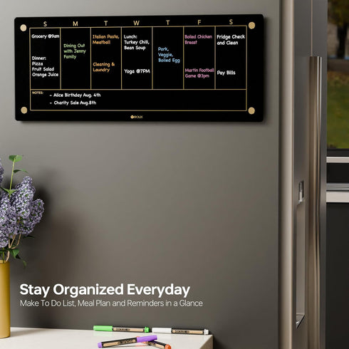 Yeoux Black Glass Golden Weekly Dry Erase Calendar Whiteboard 23x9.5" for Home Office, 7 Days Planner, 4 Markers