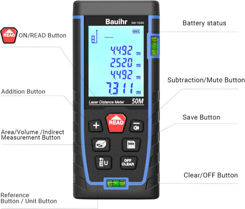 Laser Measure, Bauihr 165ft Laser Distance Meter, Portable Laser Measurement Tool with 2 Bubble Levels, Large Backlit LCD Display, Allowing Pythagorean Mode, Measuring Distance/Area/Volume, IP54 by Bauihr