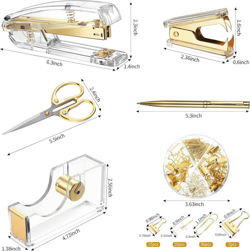 Office Supplies Set Desk Accessory Kit, Acrylic Stapler Set Staple Remover, Tape Dispenser, Binder Clips, Paper Clips, Ballpoint Pen and Scissor with 1000 Pieces 26/6 Staples (Gold) by Outus