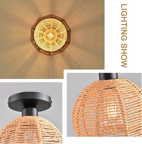 KENMI Hand-Woven Rattan Flush Mount Ceiling Light,Farmhouse Light Fixtures Ceiling Mount Boho for Hallway Bedroom