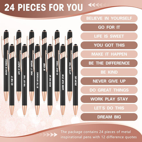 Yeaqee 24 Pcs Inspirational Ballpoint Pens - Motivational Black Ink Retractable Quotes Pen with Stylus Tip for Writing