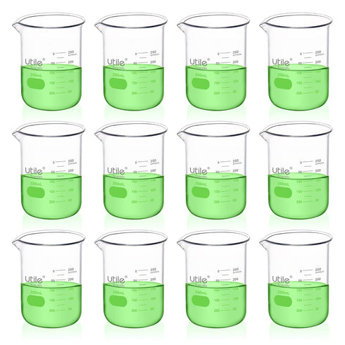 Utile 250ml Beaker Set, Upgraded Thickening Low Form Borosilicate Glass Beakers, 12pcs of 8.5oz Graduated Beakers