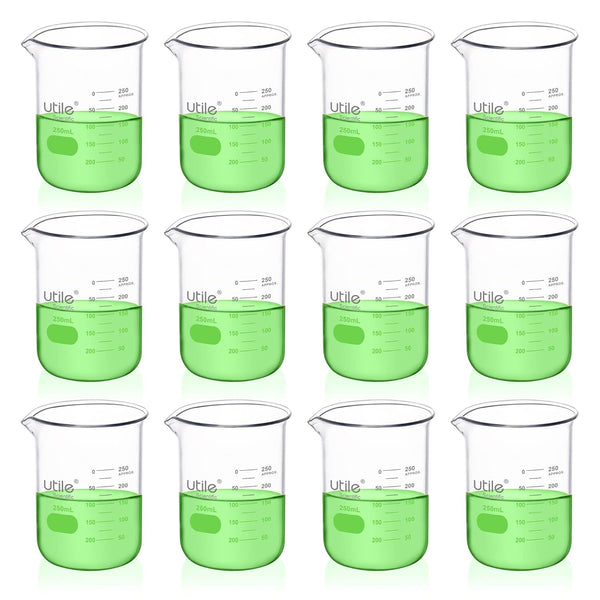 Utile 250ml Beaker Set, Upgraded Thickening Low Form Borosilicate Glass Beakers, 12pcs of 8.5oz Graduated Beakers