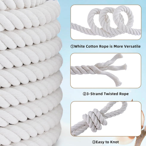 MKMJ 1/2in 50ft White Cotton Rope Natural Twisted,Available as Used for Tug of War, Navigation, Fitness and Making